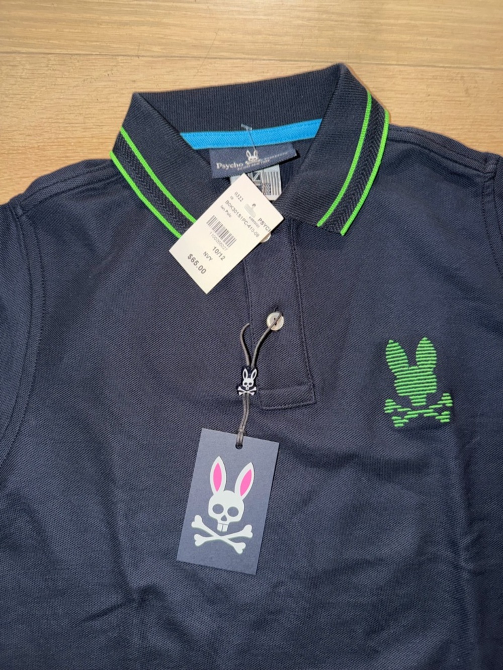 Psycho Bunny Navy Polo with Green Logo & Stripe Detail boys 10/12